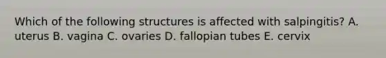 Which of the following structures is affected with salpingitis? A. uterus B. vagina C. ovaries D. fallopian tubes E. cervix