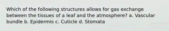 Which of the following structures allows for gas exchange between the tissues of a leaf and the atmosphere? a. Vascular bundle b. Epidermis c. Cuticle d. Stomata