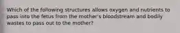 Which of the following structures allows oxygen and nutrients to pass into the fetus from the mother's bloodstream and bodily wastes to pass out to the mother?