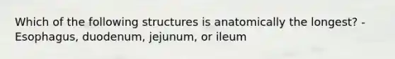 Which of the following structures is anatomically the longest? - Esophagus, duodenum, jejunum, or ileum