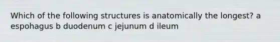 Which of the following structures is anatomically the longest? a espohagus b duodenum c jejunum d ileum