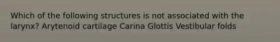 Which of the following structures is not associated with the larynx? Arytenoid cartilage Carina Glottis Vestibular folds