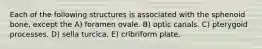 Each of the following structures is associated with the sphenoid bone, except the A) foramen ovale. B) optic canals. C) pterygoid processes. D) sella turcica. E) cribriform plate.