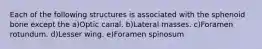 Each of the following structures is associated with the sphenoid bone except the a)Optic canal. b)Lateral masses. c)Foramen rotundum. d)Lesser wing. e)Foramen spinosum