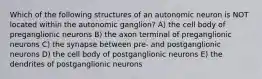 Which of the following structures of an autonomic neuron is NOT located within the autonomic ganglion? A) the cell body of preganglionic neurons B) the axon terminal of preganglionic neurons C) the synapse between pre- and postganglionic neurons D) the cell body of postganglionic neurons E) the dendrites of postganglionic neurons