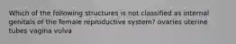 Which of the following structures is not classified as internal genitals of the female reproductive system? ovaries uterine tubes vagina vulva