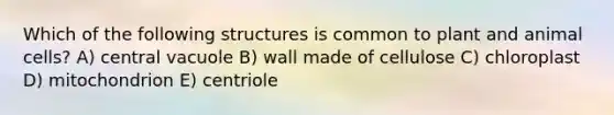 Which of the following structures is common to plant and animal cells? A) central vacuole B) wall made of cellulose C) chloroplast D) mitochondrion E) centriole