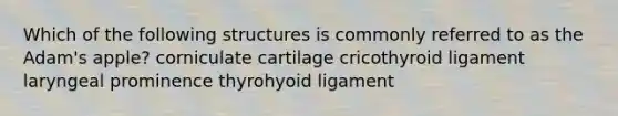 Which of the following structures is commonly referred to as the Adam's apple? corniculate cartilage cricothyroid ligament laryngeal prominence thyrohyoid ligament