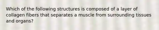 Which of the following structures is composed of a layer of collagen fibers that separates a muscle from surrounding tissues and organs?