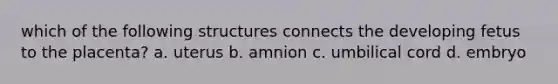 which of the following structures connects the developing fetus to the placenta? a. uterus b. amnion c. umbilical cord d. embryo