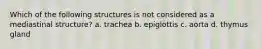 Which of the following structures is not considered as a mediastinal structure? a. trachea b. epiglottis c. aorta d. thymus gland