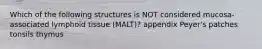 Which of the following structures is NOT considered mucosa-associated lymphoid tissue (MALT)? appendix Peyer's patches tonsils thymus