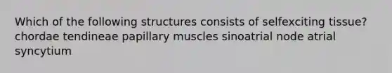 Which of the following structures consists of selfexciting tissue? chordae tendineae papillary muscles sinoatrial node atrial syncytium