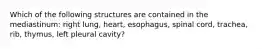 Which of the following structures are contained in the mediastinum: right lung, heart, esophagus, spinal cord, trachea, rib, thymus, left pleural cavity?