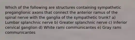 Which of the following are structures containing sympathetic preganglionic axons that connect the anterior ramus of the spinal nerve with the ganglia of the sympathetic trunk? a) Lumbar splanchnic nerve b) Greater splanchnic nerve c) Inferior cervical ganglion d) White rami communicantes e) Gray rami communicantes