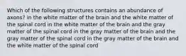 Which of the following structures contains an abundance of axons? in the white matter of the brain and the white matter of the spinal cord in the white matter of the brain and the gray matter of the spinal cord in the gray matter of the brain and the gray matter of the spinal cord in the gray matter of the brain and the white matter of the spinal cord