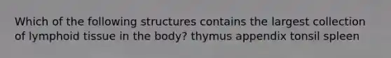 Which of the following structures contains the largest collection of lymphoid tissue in the body? thymus appendix tonsil spleen