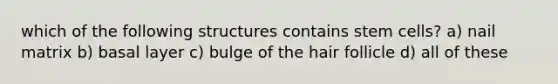 which of the following structures contains stem cells? a) nail matrix b) basal layer c) bulge of the hair follicle d) all of these