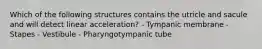 Which of the following structures contains the utricle and sacule and will detect linear acceleration? - Tympanic membrane - Stapes - Vestibule - Pharyngotympanic tube