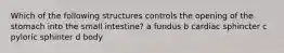 Which of the following structures controls the opening of the stomach into the small intestine? a fundus b cardiac sphincter c pyloric sphinter d body