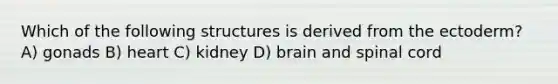 Which of the following structures is derived from the ectoderm? A) gonads B) heart C) kidney D) brain and spinal cord