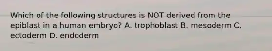 Which of the following structures is NOT derived from the epiblast in a human embryo? A. trophoblast B. mesoderm C. ectoderm D. endoderm