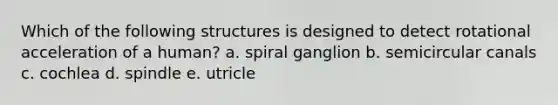 Which of the following structures is designed to detect rotational acceleration of a human? a. spiral ganglion b. semicircular canals c. cochlea d. spindle e. utricle