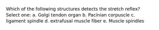 Which of the following structures detects the stretch reflex? Select one: a. Golgi tendon organ b. Pacinian corpuscle c. ligament spindle d. extrafusal muscle fiber e. Muscle spindles