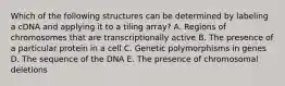 Which of the following structures can be determined by labeling a cDNA and applying it to a tiling array? A. Regions of chromosomes that are transcriptionally active B. The presence of a particular protein in a cell C. Genetic polymorphisms in genes D. The sequence of the DNA E. The presence of chromosomal deletions