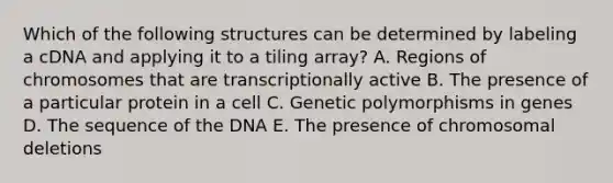 Which of the following structures can be determined by labeling a cDNA and applying it to a tiling array? A. Regions of chromosomes that are transcriptionally active B. The presence of a particular protein in a cell C. Genetic polymorphisms in genes D. The sequence of the DNA E. The presence of chromosomal deletions