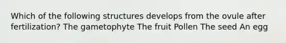 Which of the following structures develops from the ovule after fertilization? The gametophyte The fruit Pollen The seed An egg