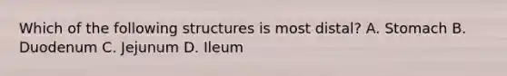 Which of the following structures is most distal? A. Stomach B. Duodenum C. Jejunum D. Ileum