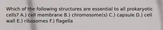 Which of the following structures are essential to all prokaryotic cells? A.) cell membrane B.) chromosome(s) C.) capsule D.) cell wall E.) ribosomes F.) flagella