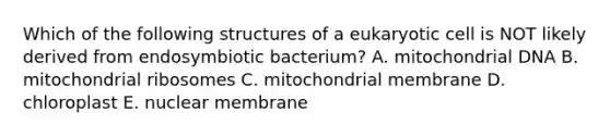 Which of the following structures of a eukaryotic cell is NOT likely derived from endosymbiotic bacterium? A. mitochondrial DNA B. mitochondrial ribosomes C. mitochondrial membrane D. chloroplast E. nuclear membrane