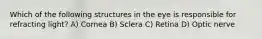 Which of the following structures in the eye is responsible for refracting light? A) Cornea B) Sclera C) Retina D) Optic nerve