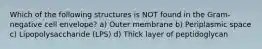 Which of the following structures is NOT found in the Gram-negative cell envelope? a) Outer membrane b) Periplasmic space c) Lipopolysaccharide (LPS) d) Thick layer of peptidoglycan