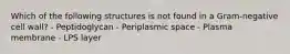 Which of the following structures is not found in a Gram-negative cell wall? - Peptidoglycan - Periplasmic space - Plasma membrane - LPS layer