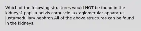 Which of the following structures would NOT be found in the kidneys? papilla pelvis corpuscle juxtaglomerular apparatus juxtamedullary nephron All of the above structures can be found in the kidneys.