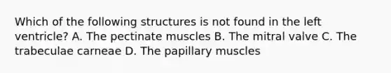 Which of the following structures is not found in the left ventricle? A. The pectinate muscles B. The mitral valve C. The trabeculae carneae D. The papillary muscles