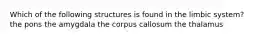 Which of the following structures is found in the limbic system? the pons the amygdala the corpus callosum the thalamus