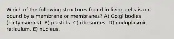 Which of the following structures found in living cells is not bound by a membrane or membranes? A) Golgi bodies (dictyosomes). B) plastids. C) ribosomes. D) endoplasmic reticulum. E) nucleus.