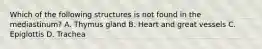 Which of the following structures is not found in the mediastinum? A. Thymus gland B. Heart and great vessels C. Epiglottis D. Trachea