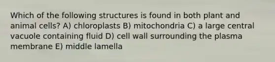 Which of the following structures is found in both plant and animal cells? A) chloroplasts B) mitochondria C) a large central vacuole containing fluid D) cell wall surrounding the plasma membrane E) middle lamella