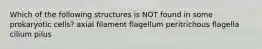 Which of the following structures is NOT found in some prokaryotic cells? axial filament flagellum peritrichous flagella cilium pilus