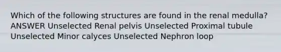 Which of the following structures are found in the renal medulla? ANSWER Unselected Renal pelvis Unselected Proximal tubule Unselected Minor calyces Unselected Nephron loop