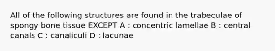 All of the following structures are found in the trabeculae of spongy bone tissue EXCEPT A : concentric lamellae B : central canals C : canaliculi D : lacunae