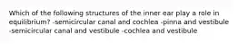 Which of the following structures of the inner ear play a role in equilibrium? -semicircular canal and cochlea -pinna and vestibule -semicircular canal and vestibule -cochlea and vestibule