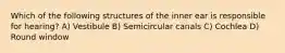 Which of the following structures of the inner ear is responsible for hearing? A) Vestibule B) Semicircular canals C) Cochlea D) Round window