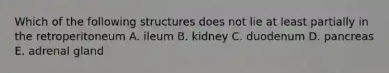 Which of the following structures does not lie at least partially in the retroperitoneum A. ileum B. kidney C. duodenum D. pancreas E. adrenal gland