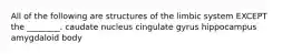 All of the following are structures of the limbic system EXCEPT the ________. caudate nucleus cingulate gyrus hippocampus amygdaloid body